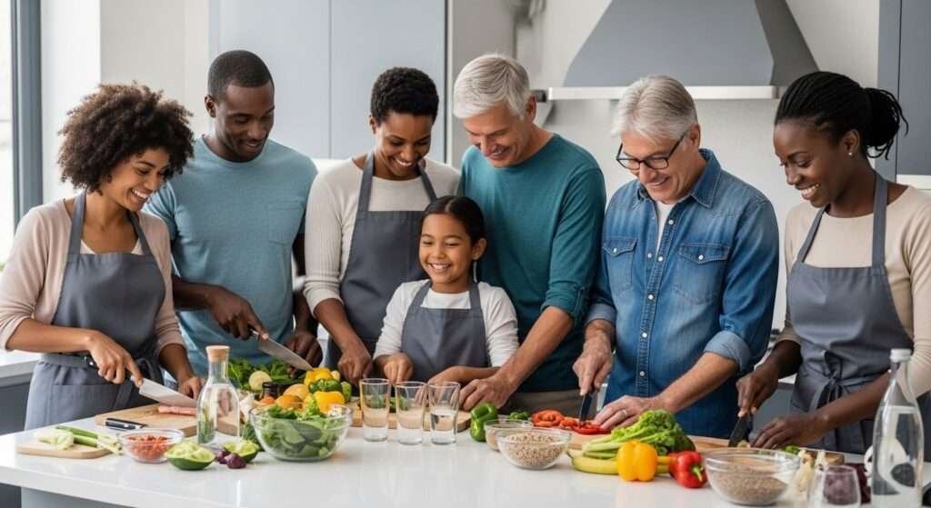 healthy eating, diverse family kitchen, meal preparation