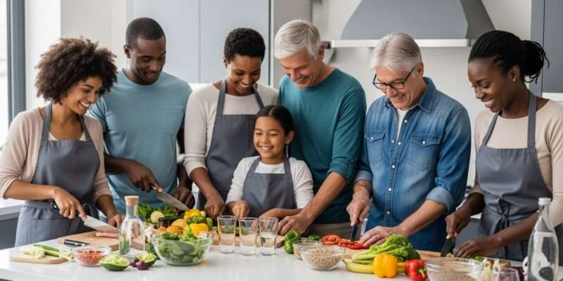 healthy eating, diverse family kitchen, meal preparation