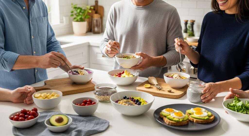 healthy breakfast ideas, morning kitchen, happy people