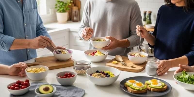 healthy breakfast ideas, morning kitchen, happy people