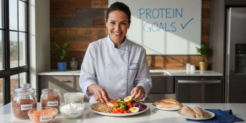 Nutritionist prepares high protein meal in kitchen