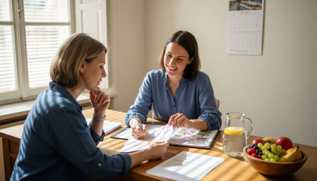 Nutritionist showing calorie chart to client