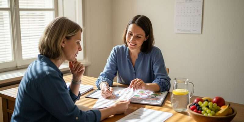 Nutritionist showing calorie chart to client