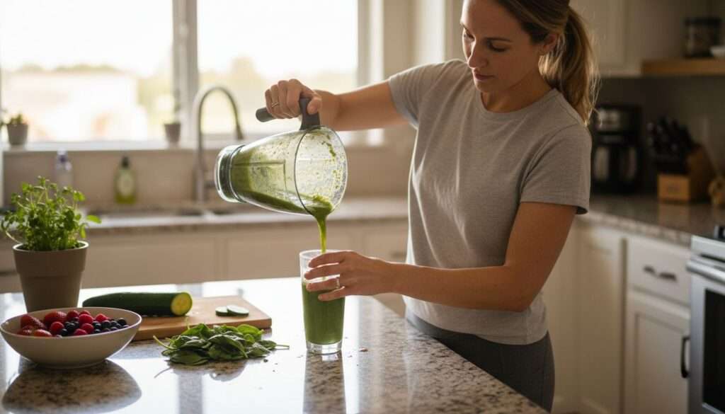 Woman preparing fresh detox smoothies in kitchen