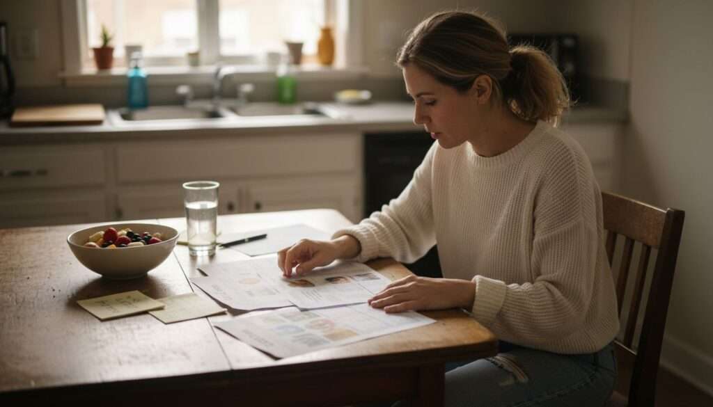 Mujer revisando distintos planes de dieta en casa
