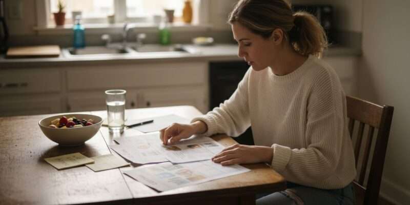 Mujer revisando distintos planes de dieta en casa