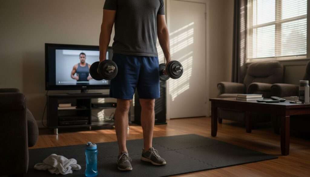 Beginner performing strength exercise at home