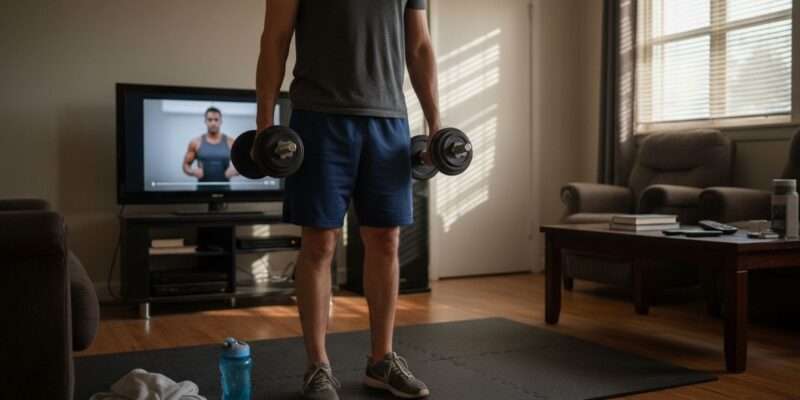 Beginner performing strength exercise at home