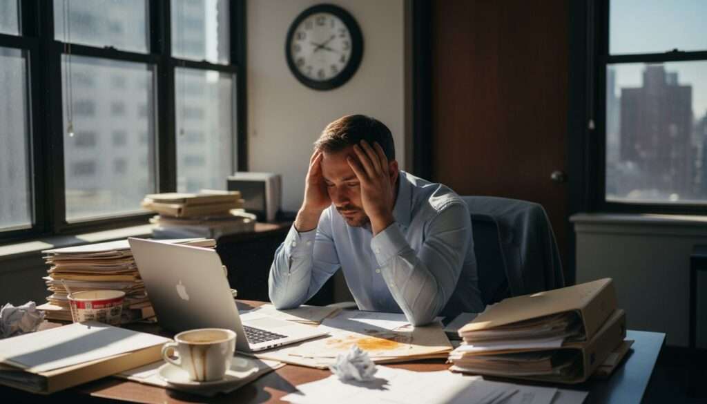 Stressed man at cluttered office desk midday