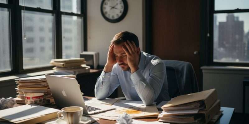 Stressed man at cluttered office desk midday