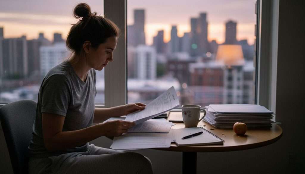 Mujer estresada revisando documentos en casa
