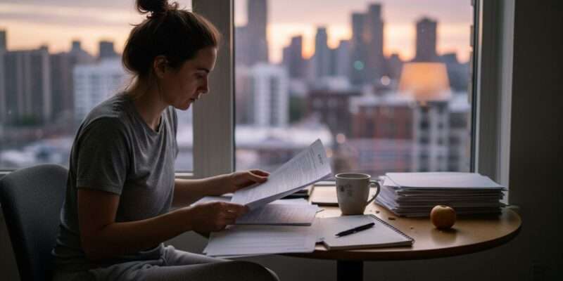 Mujer estresada revisando documentos en casa