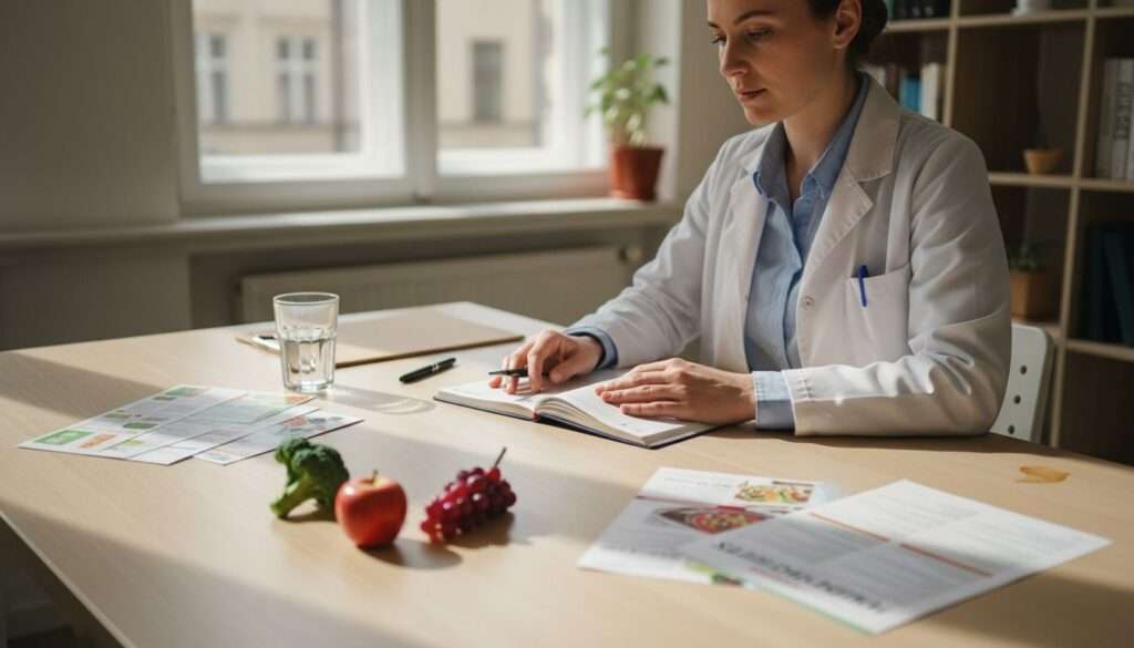 Dietitian reviews nutrition plans in office