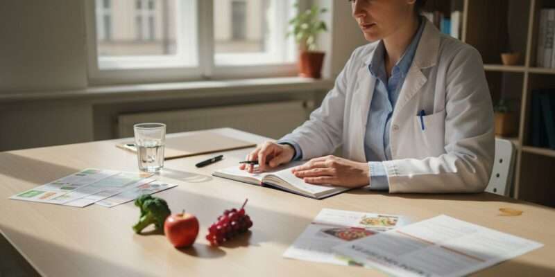 Dietitian reviews nutrition plans in office