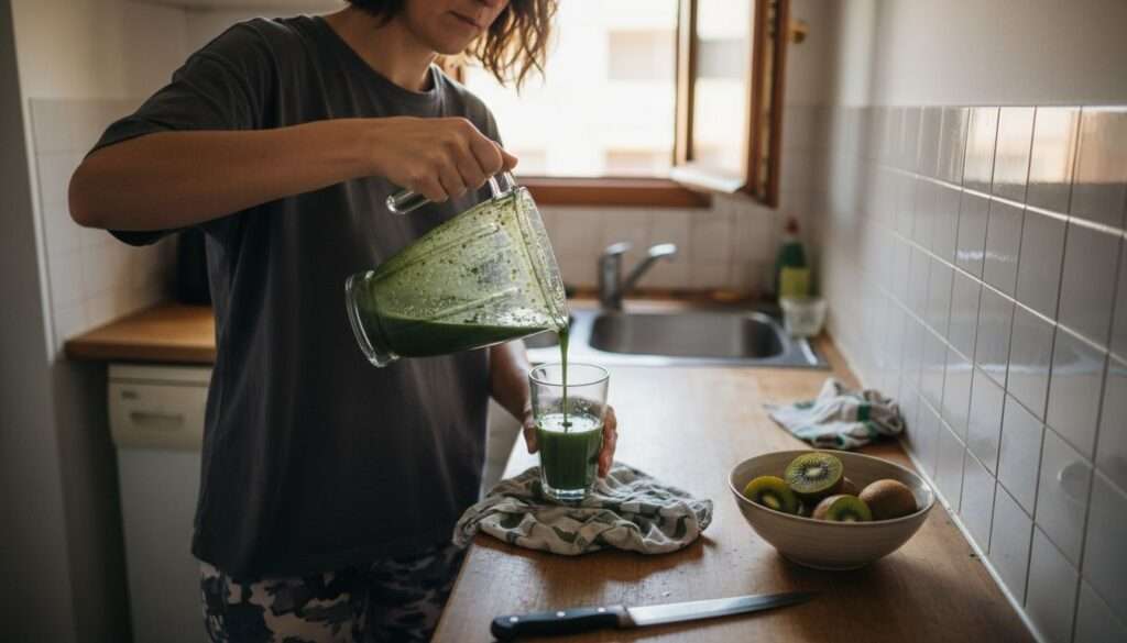 Woman making healthy green smoothie in kitchen