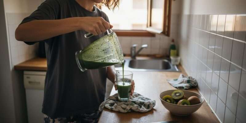 Woman making healthy green smoothie in kitchen