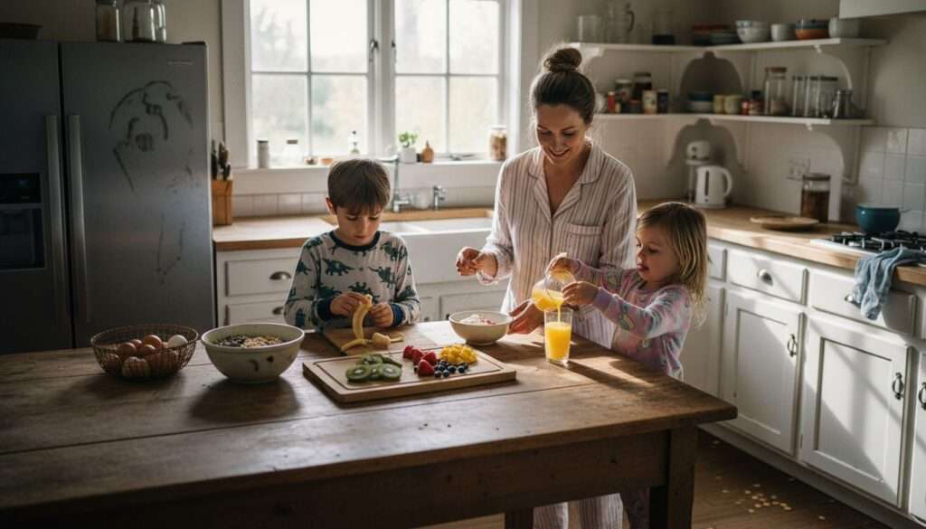 Family preparing healthy breakfast together