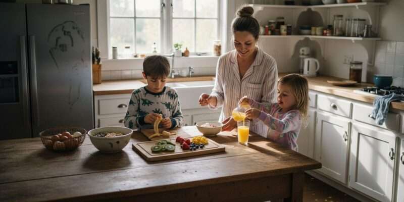 Family preparing healthy breakfast together