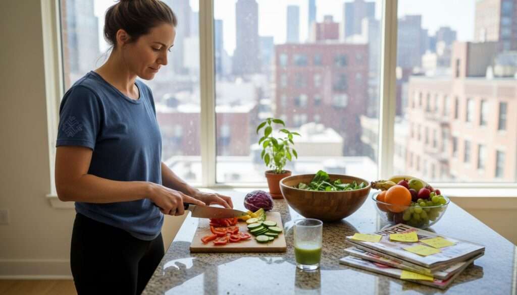 Woman preparing healthy salad in kitchen