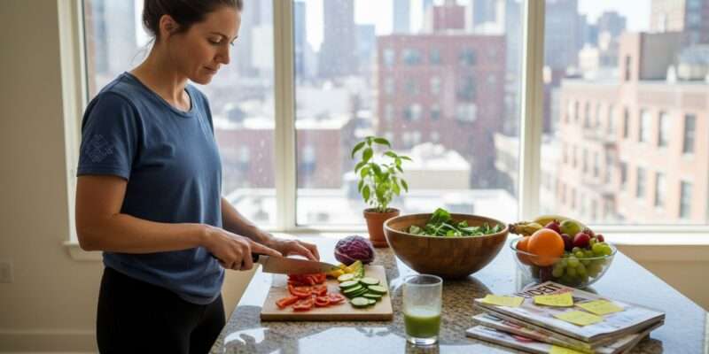 Woman preparing healthy salad in kitchen