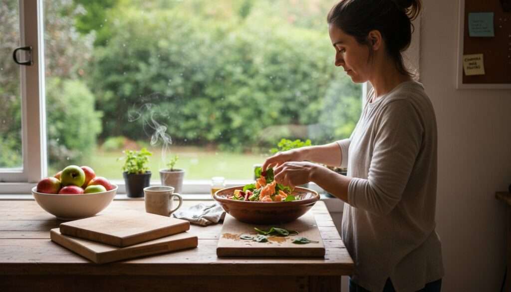 Mujer preparando comidas saludables para perder peso en la cocina