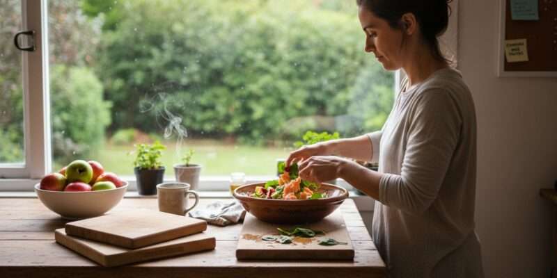 Mujer preparando comidas saludables para perder peso en la cocina
