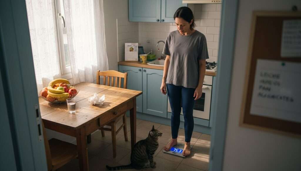 Mujer revisando su peso en la báscula de la cocina