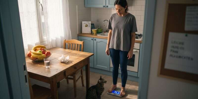 Mujer revisando su peso en la báscula de la cocina