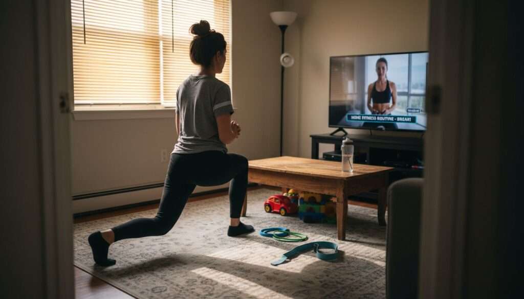 Woman doing lunges in sunlit home living room