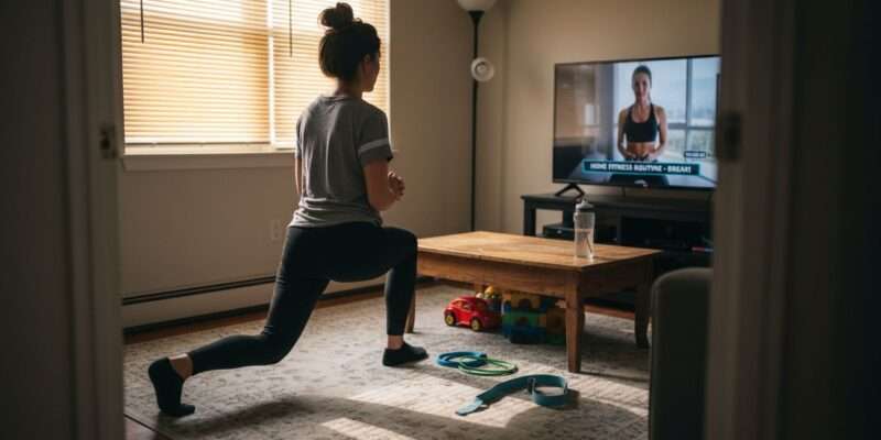 Woman doing lunges in sunlit home living room