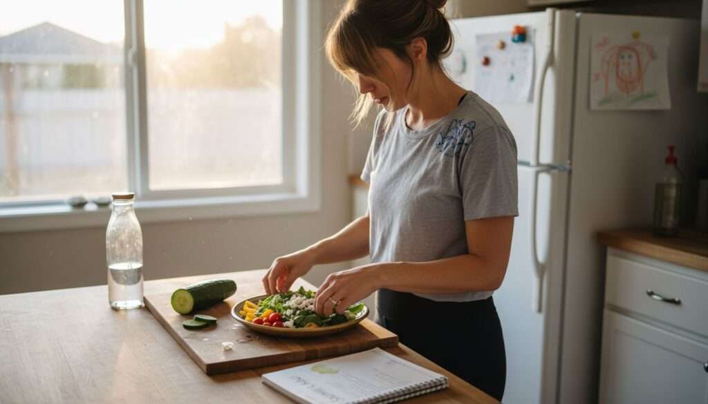 Woman preparing healthy meal in sunlit kitchen