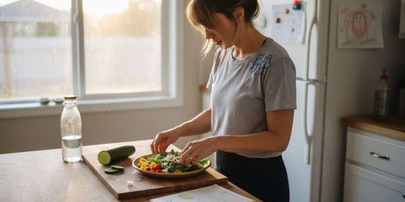 Woman preparing healthy meal in sunlit kitchen