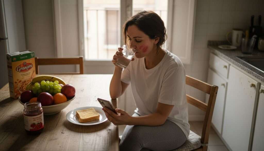 Mujer que dedica la mañana a su ayuno sentada en la mesa de la cocina