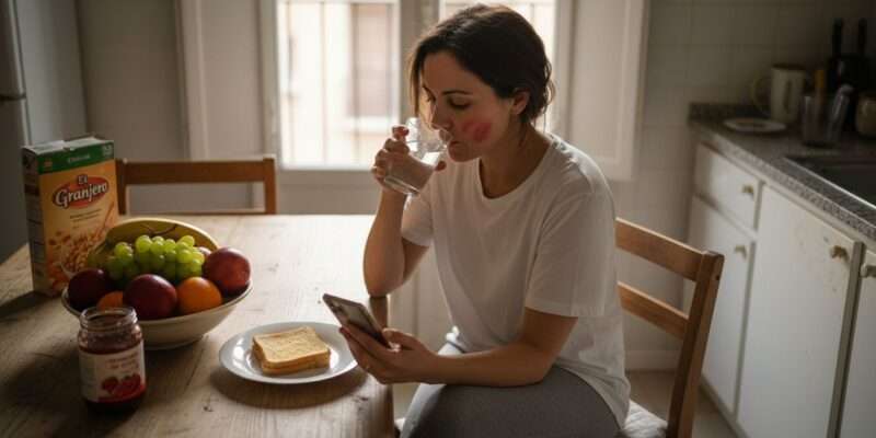 Mujer que dedica la mañana a su ayuno sentada en la mesa de la cocina