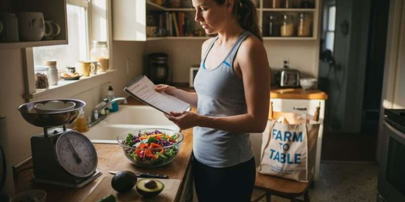 Woman prepping healthy meal in home kitchen