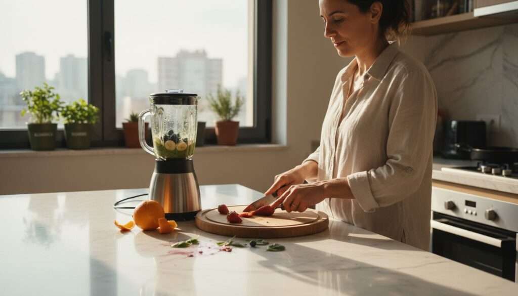 Una mujer corta frutas en la cocina para preparar un batido.