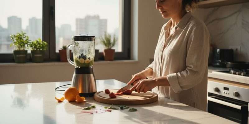 Una mujer corta frutas en la cocina para preparar un batido.