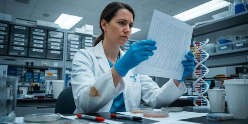 Scientist reviews genetics data for obesity research