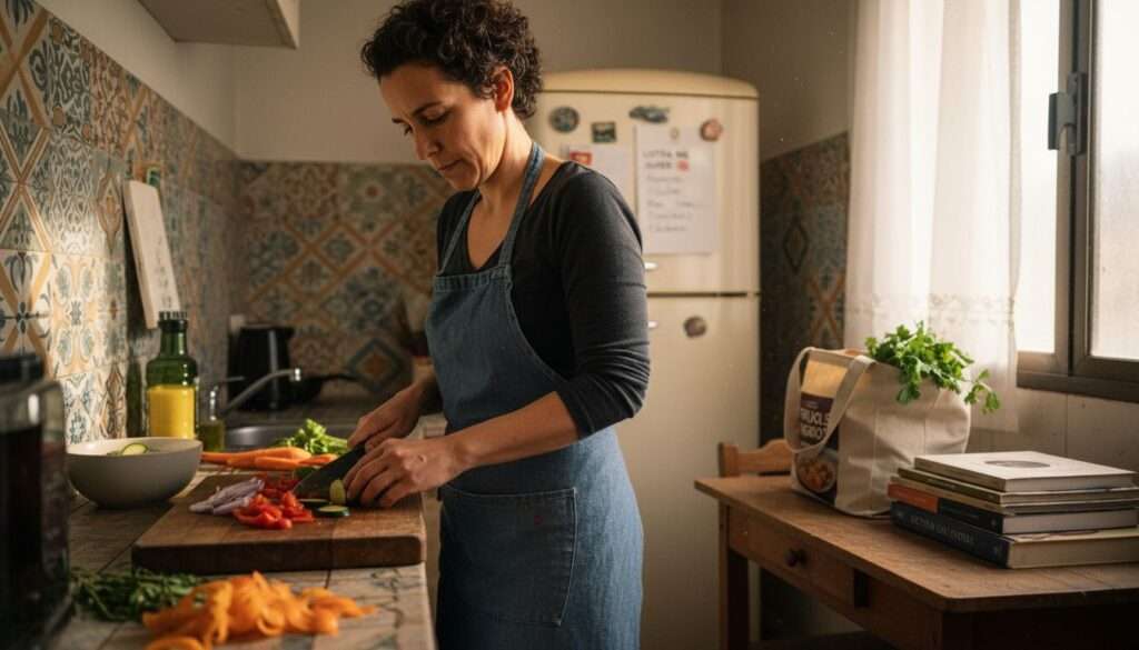 Una mujer corta verduras frescas en una cocina luminosa y acogedora.