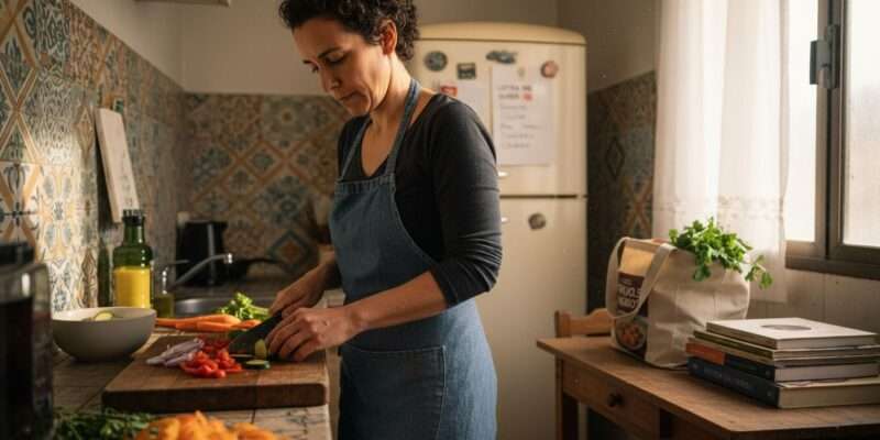 Una mujer corta verduras frescas en una cocina luminosa y acogedora.