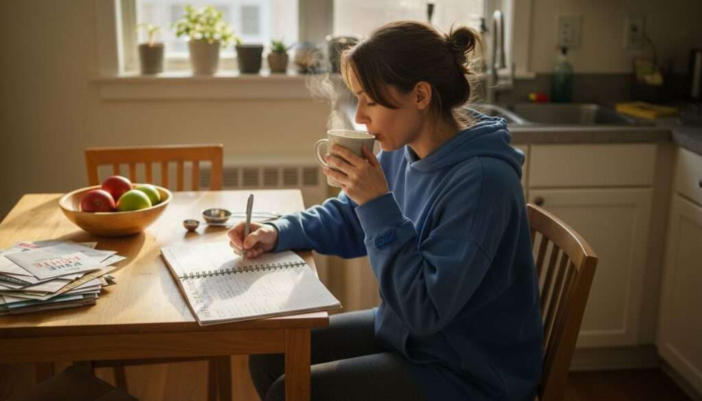Woman planning meals at kitchen table
