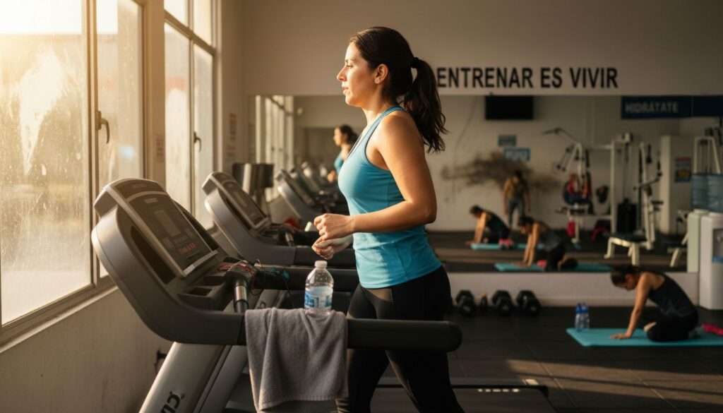 Una mujer camina en la cinta de correr mientras el gimnasio está lleno de gente.