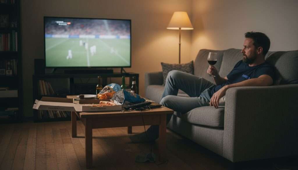 Man drinking wine on cluttered sofa