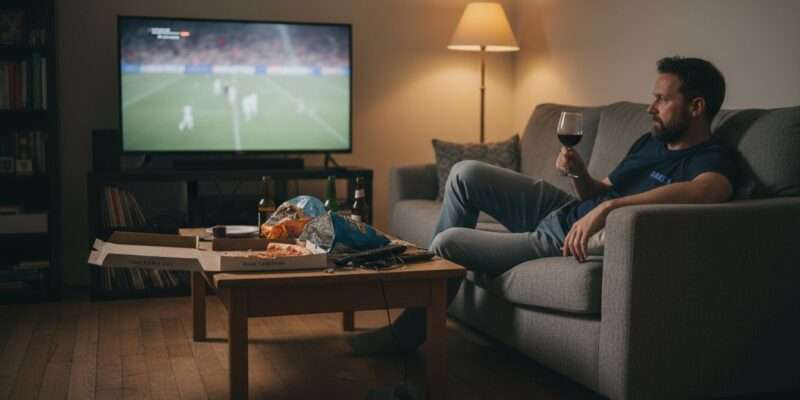 Man drinking wine on cluttered sofa