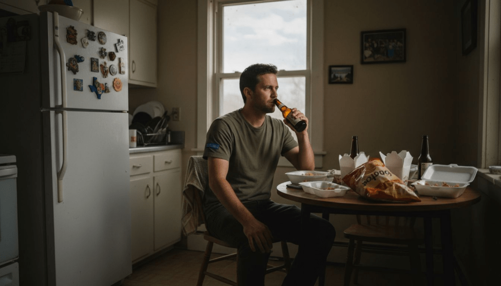 Man drinking beer in cluttered kitchen