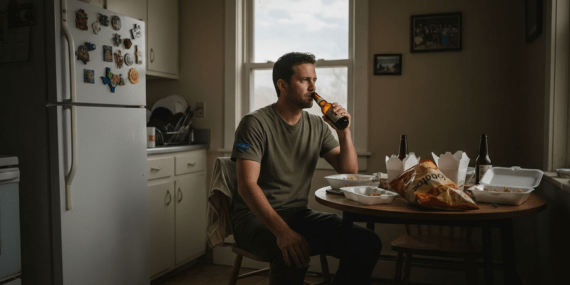 Man drinking beer in cluttered kitchen