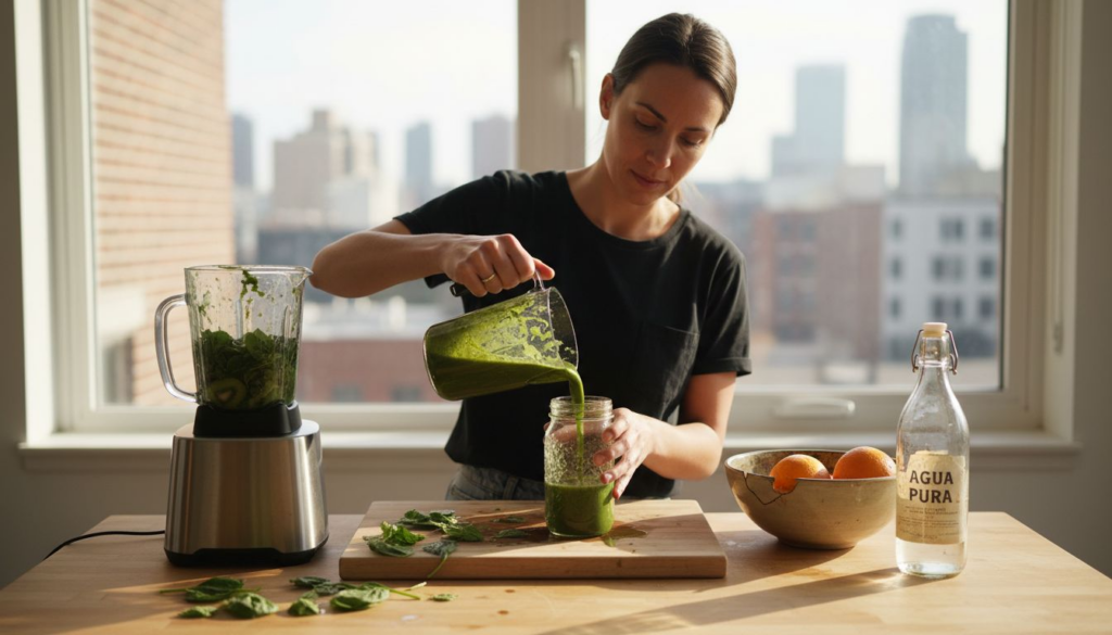 Una mujer prepara un batido verde saludable en la encimera de su cocina.