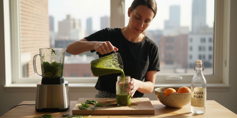 Una mujer prepara un batido verde saludable en la encimera de su cocina.