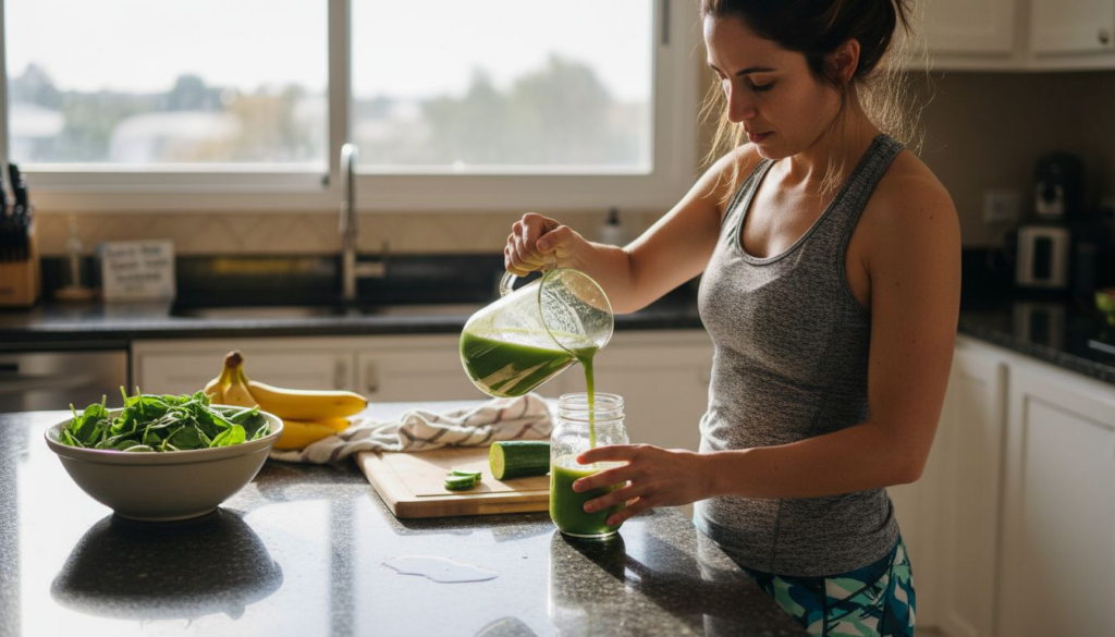 Una mujer sirve un batido verde en una cocina luminosa.