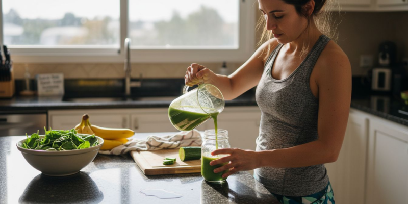 Una mujer sirve un batido verde en una cocina luminosa.